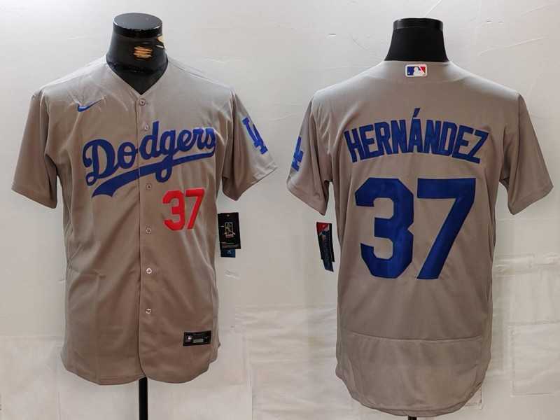 Mens Los Angeles Dodgers #37 Teoscar Hernandez Number Grey Flex Base Stitched Jersey